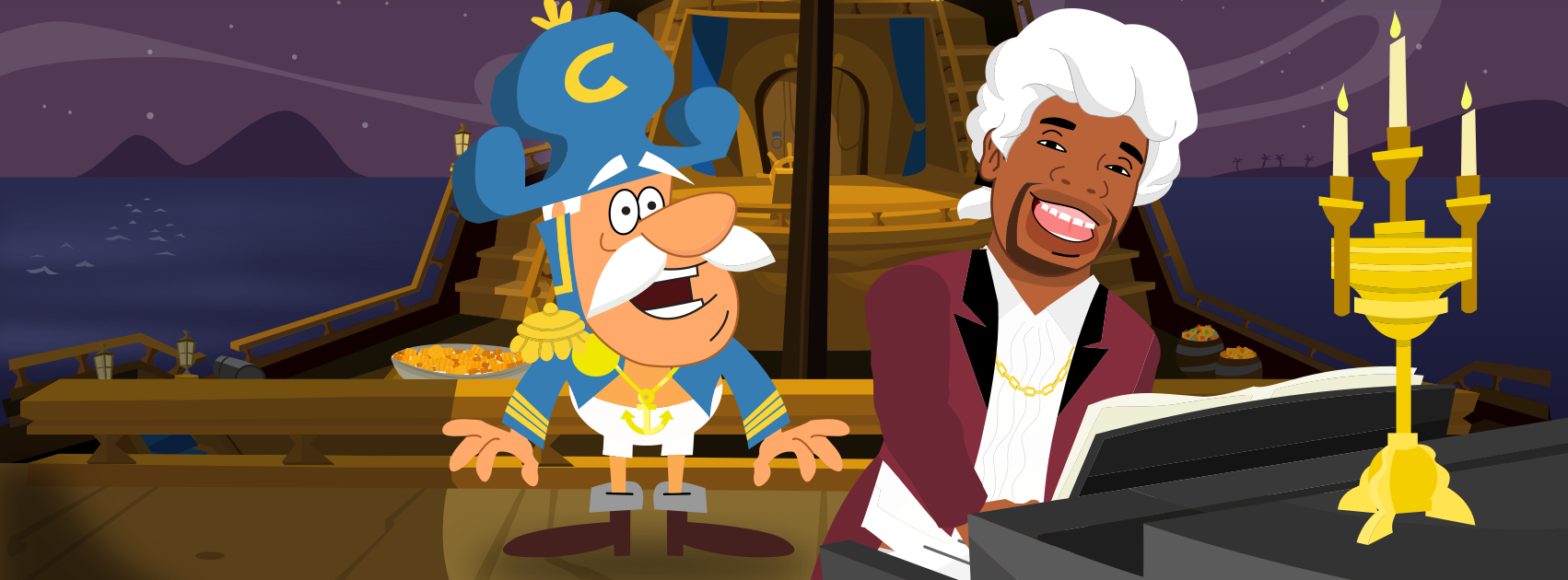 banner cartoon image of cereal cartoon character cap'n crunch kicking a football. The image shows a website html